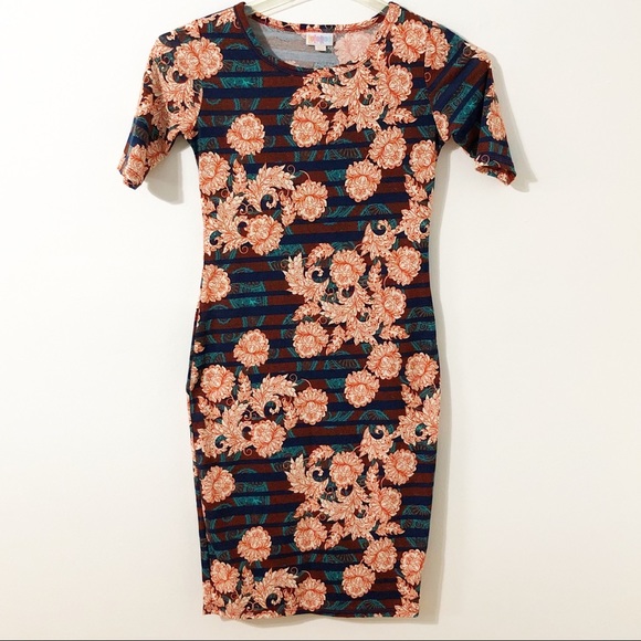 LulaRoe Irma Floral and Striped Short Sleeve Tee Shirt Dress with Scoop Neckline - Picture 1 of 5